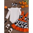 thumbnail image 5 of Yunliwuli Baby Girls Halloween Skirt Sets Flying Sleeve Romper Pumpkin Embroidery Suspender Skirt Headband Sets, 5 of 9
