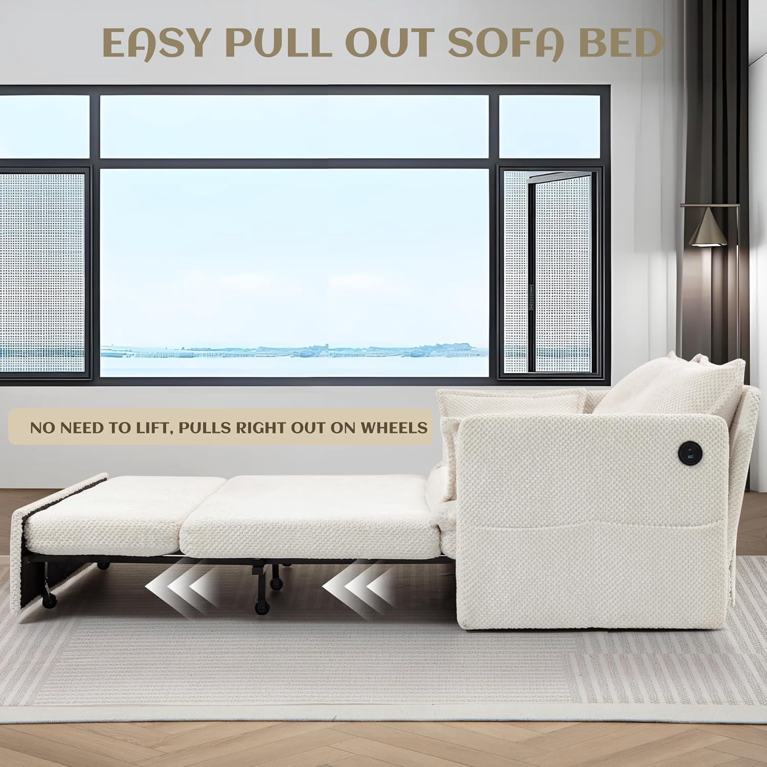Modern Convertible Sleeper Sofa with USB Charging, Queen-size Corduroy Upholstery Sofa Bed, White