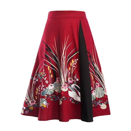 Echo Vintage Skirt (Vintage Style Skirt Women Retro Swing Flare Floral Skirts Chinese Style Printed Elegant High Waist Midi)