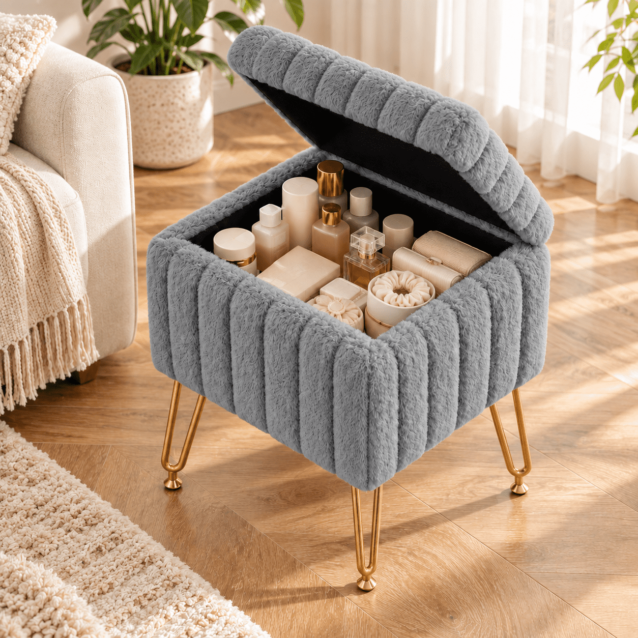 Sherpa Storage Ottoman Footstool with Gold Metal Legs, Fluffy Faux Fur Vanity Stool Chair, Small Soft Padded Makeup Seat for Living Room, Bedroom, Dressing Room