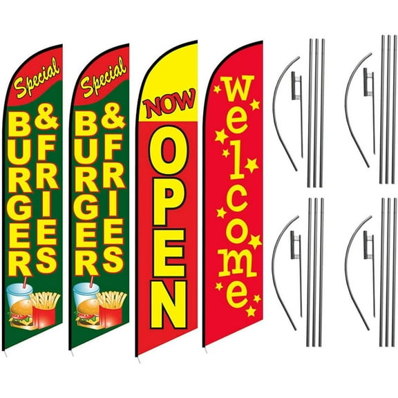 Burgers Fries Now Open Welcome Feather Flag Kit Package for Restaurants. 4 Banner Swooper Flag Kits with Flag Poles and Ground Stakes, Great for Restaurant Food or Hamburger Stand at Carnivals