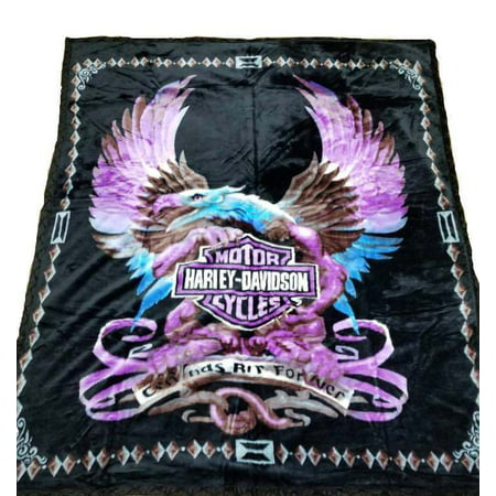 Harley Davidson Flaming Eagle Blanket NEW Mink Queen Size Double Side Plush Reversible Purple /