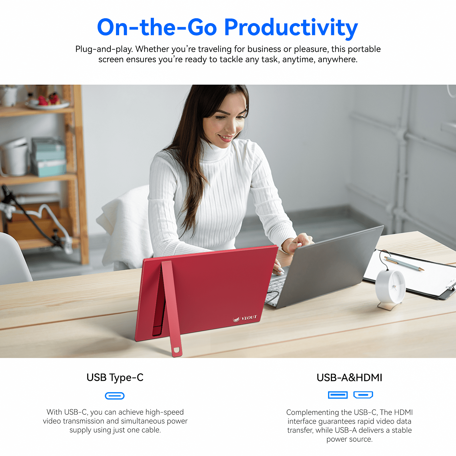 16 Inch Portable Monitor for Laptop, 1920x1200P Ultra-Slim FHD IPS 16:10 External Display, 100% sRGB Aluminum Stand, USB-C/Mini HDMI, Use for PC, Phone, Office (Pink)