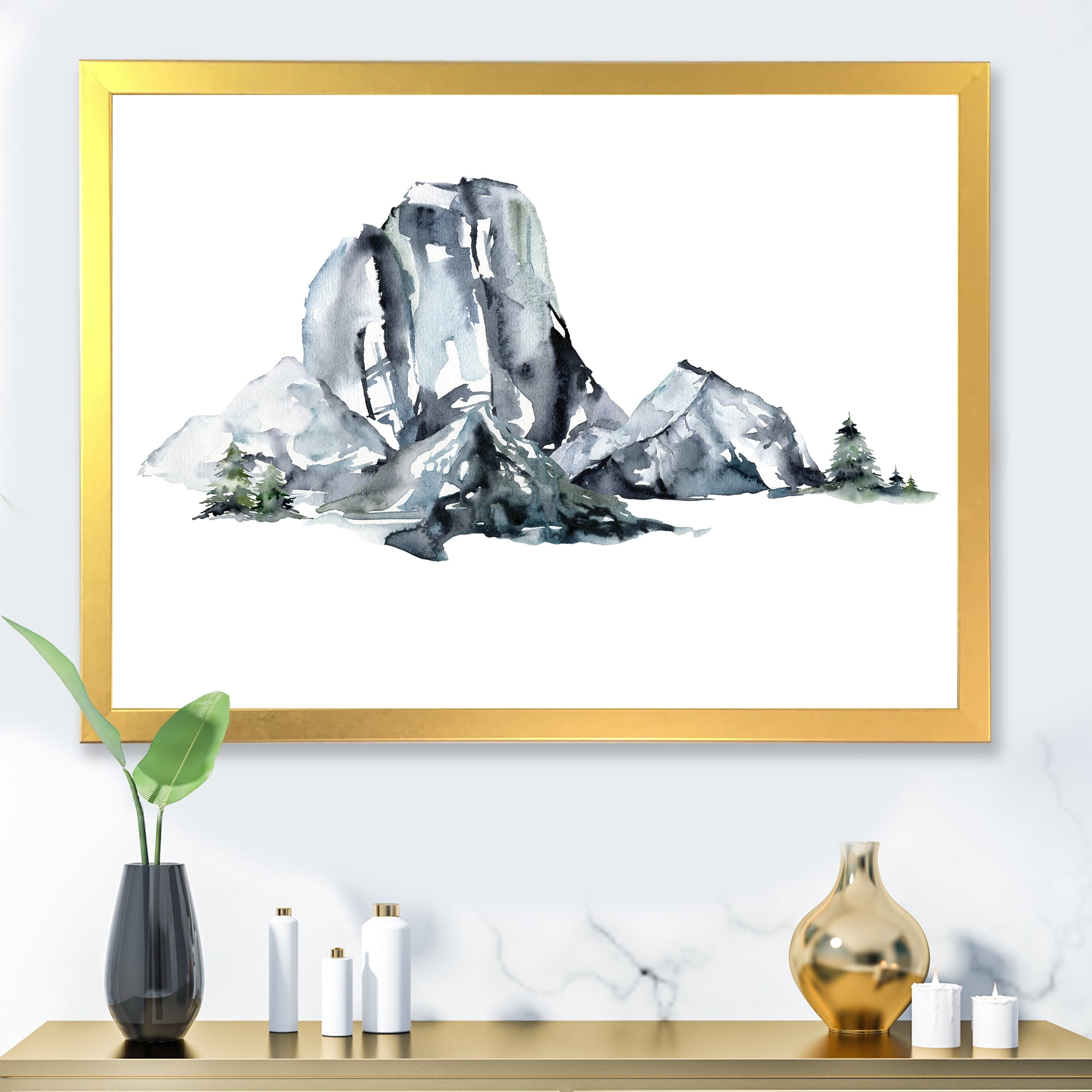 Designart 'Minimalistic Landscape of Forest and Mountains' Modern Framed Art Print