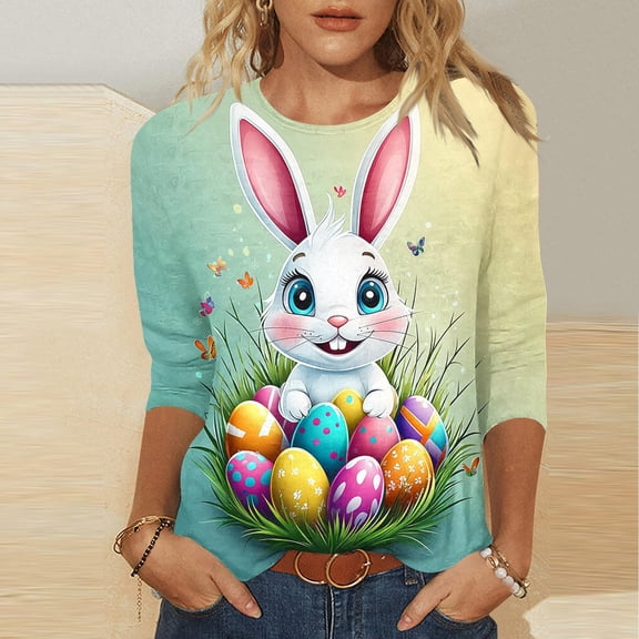 VKOYWKM Easter Shirts for Women Cute Bunny Rabbit Eggs Graphic Tees Casual 3/4 Length Sleeve Women Tops Loose Fit Crew Neck Easter Tshirts