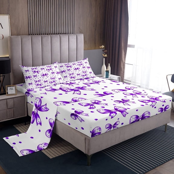 Erosebridal Purple Bow Bed Sheets King, Girly Polka Dots Sheet Set King, 4-Piece (Top Sheet, Fitted Sheet, Pillowcase)