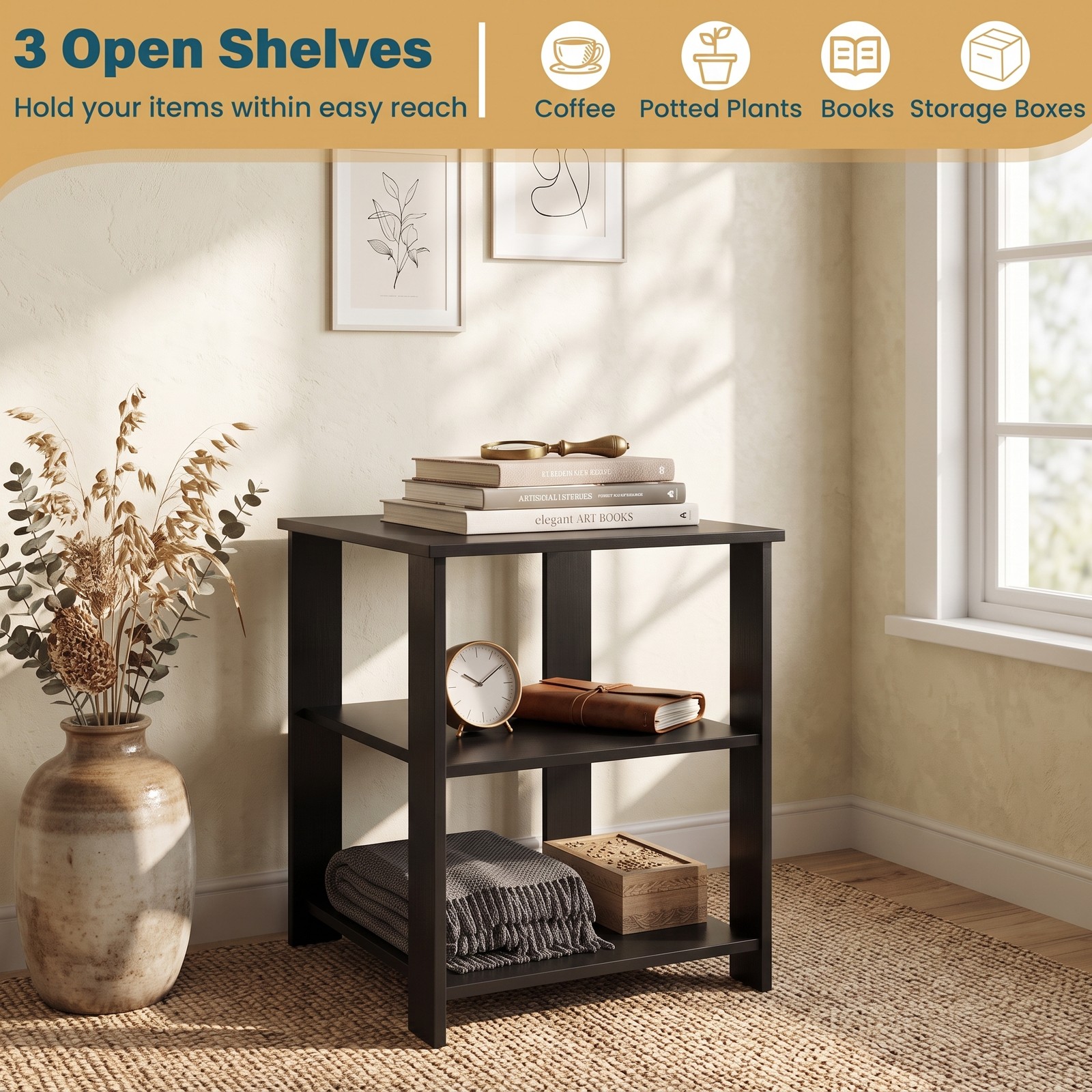 Furnibear 3-Tier Nightstand Square Side Table with Open Storage Shelves, Modern Bedside End Table Sofa Side Table for Bedroom Living Room Small Spaces, Black