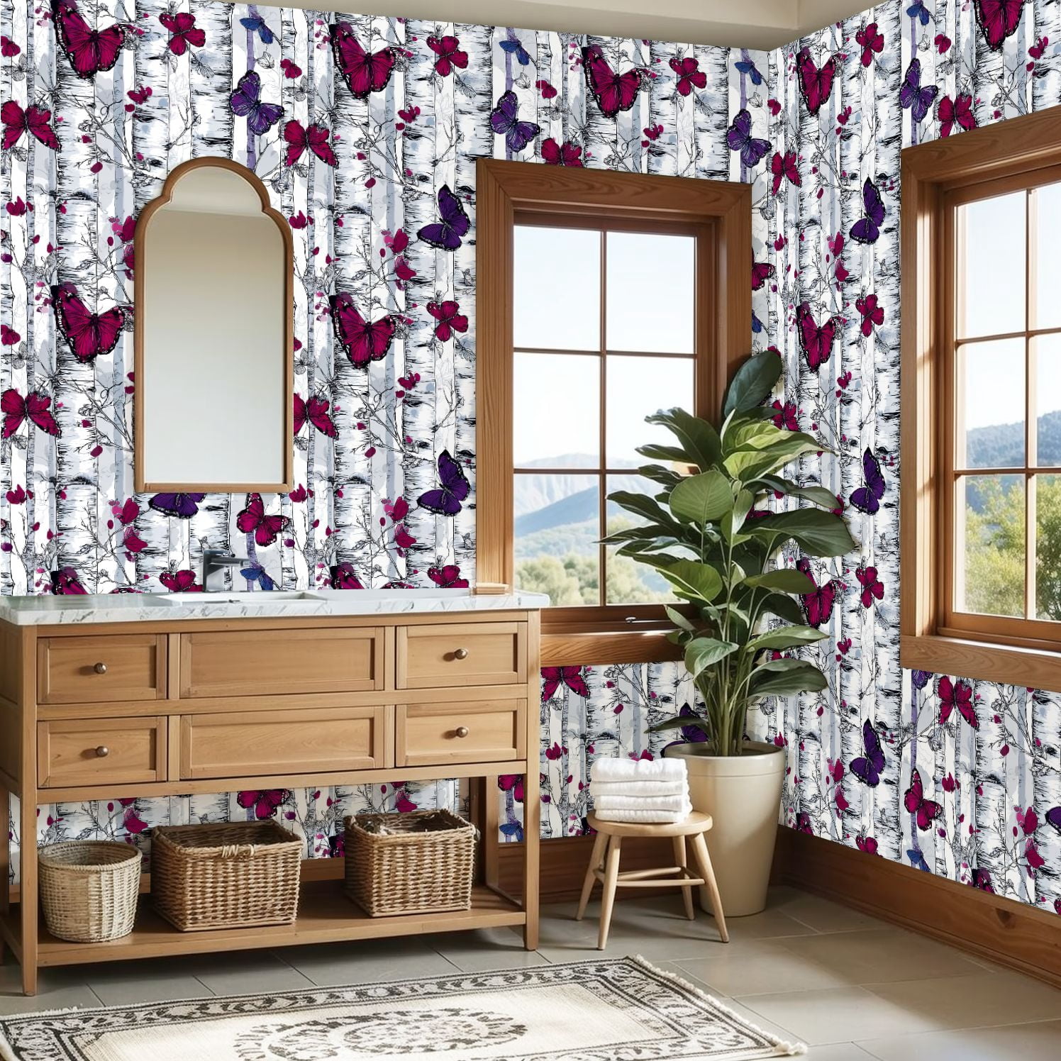 Peel and Stick Wallpaper Butterflies Birch Trees Magenta Purple Grey Ink Wall Mural 23.6in x 9.8ft Self Adhesive Removable Wall Paper Renter Friendly Wallpaper for Bedroom Livingroom Office Studio