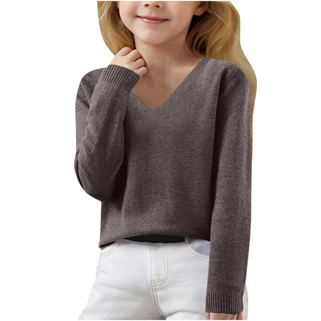LOVZFMLL Sweaters for Girls, V-Neck Ribbed Pullover Classic Casual Solid Color, Cozy Soft Layering Top Fall Clothes Warm Winter Tops Kid Girls Clothes for 6-7 Years