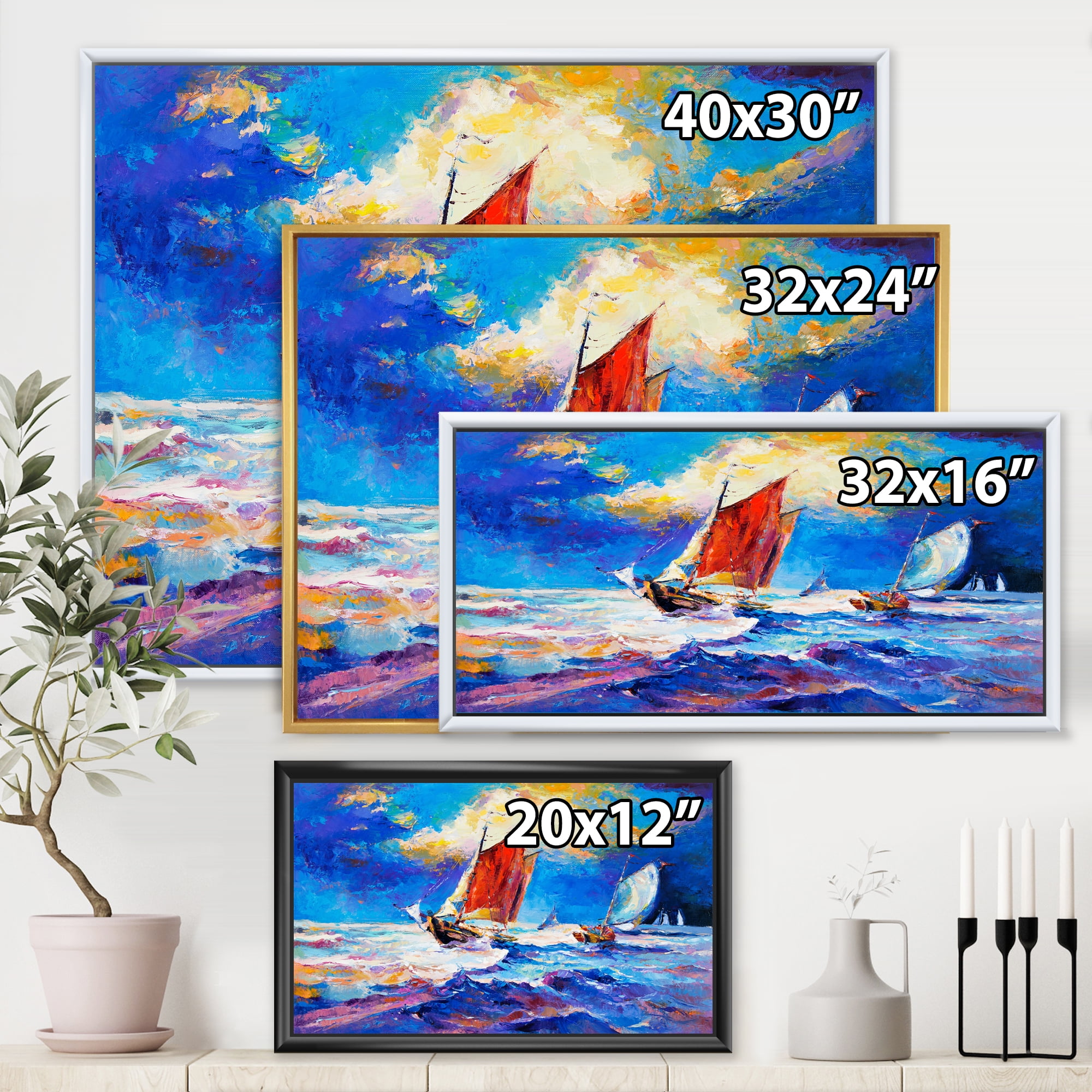 Sailships On The Ocean Waves During Evening 32 in x 24 in Framed Painting Canvas Art Print, by Designart