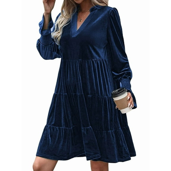 Women'S Elegant Velvet Long Sleeve Dress Casual Fall V Neck A Line Babydoll Flowy Formal Wedding Party Mini Dress Navy Blue L