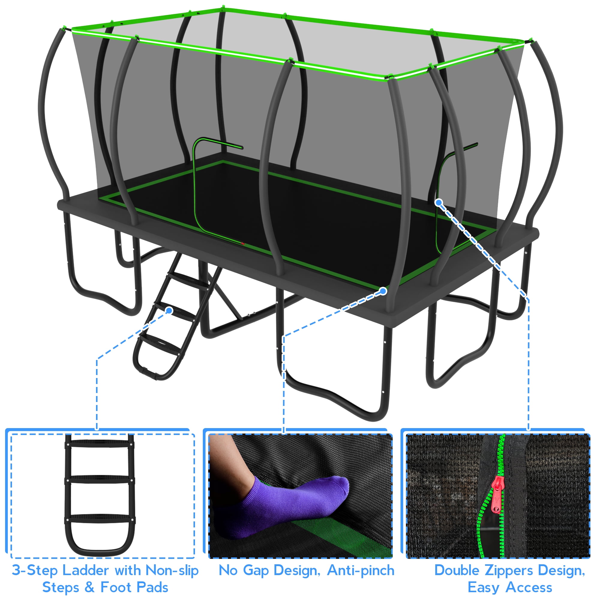 YORIN Trampoline, 9FT x 15FT Rectangular Trampoline for Kids Adults, 1800LBS Recreational Large Trampolines with Enclosure Net, Non-Slip Ladder, Galvanized Heavy Duty Outdoor Trampolines