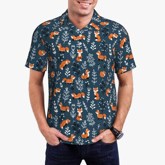 Fotbe cute fall fox Pattern Men’s Golf Polo Shirt – Breathable Performance Golf Shirt with Button-Down Collar-Large