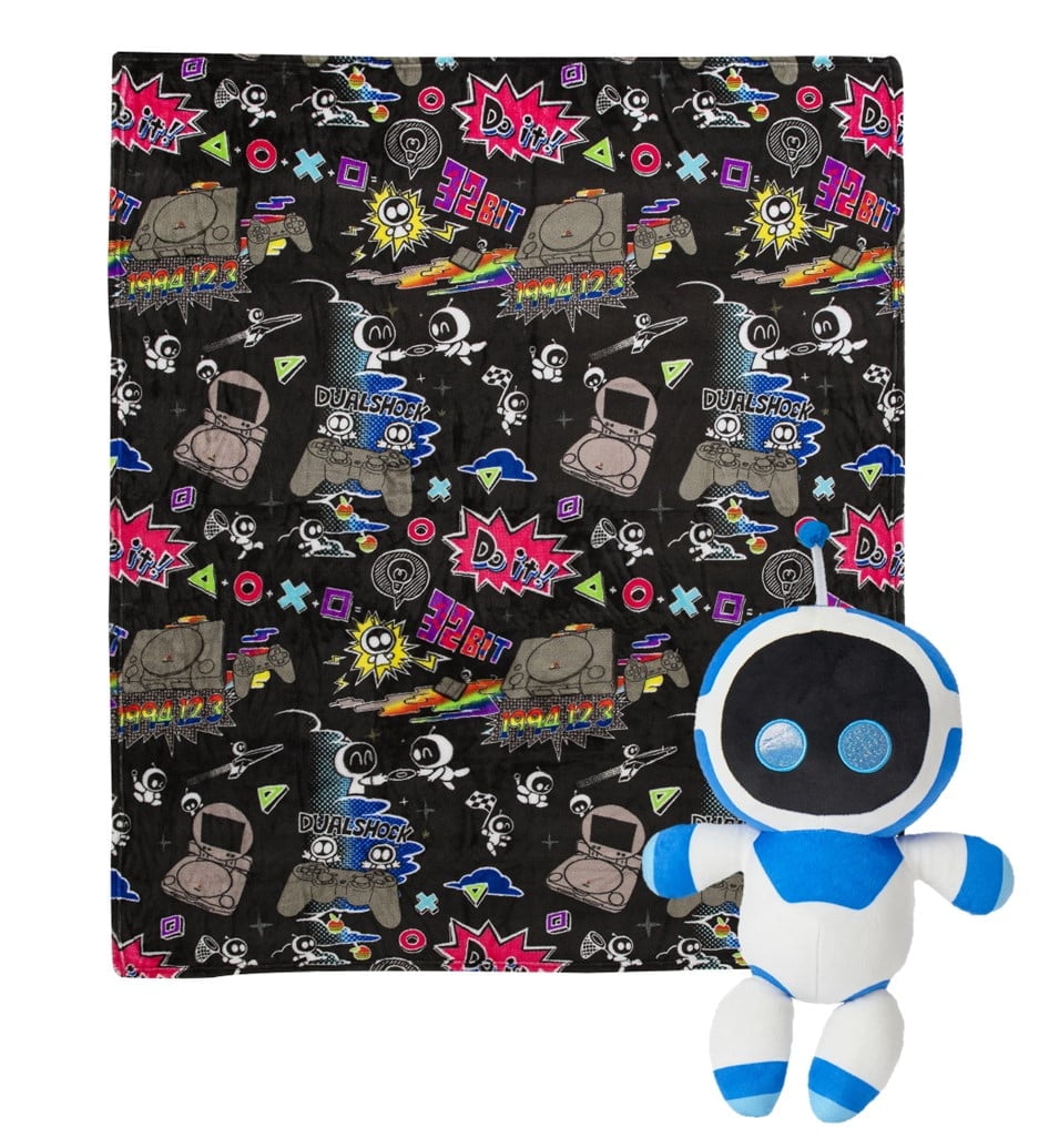 Playstation Astrobot Mural Officially Licensed Silk Touch Throw Blanket and Plush Character Hugger Set – Ultra Soft Plush Character Pillow for Kids