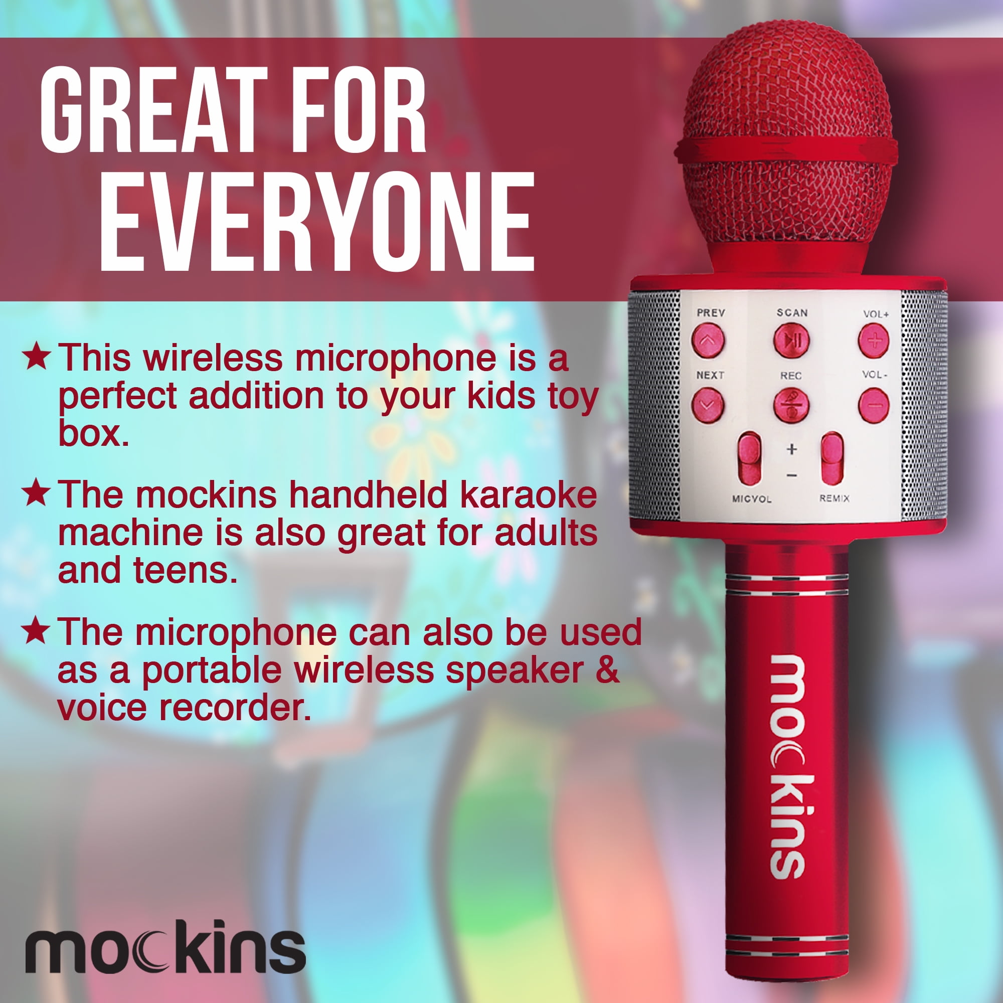 Mockins Red Bling Karaoke Microphone with LED Lights, Voice Changer & Wireless Bluetooth Speaker  - Carry Case