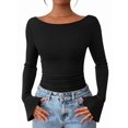 thumbnail image 3 of Women'S Long Sleeve Shirts Crop Going Out Tops Casual Boat Neck Bell Sleeve Ruched, 3 of 9