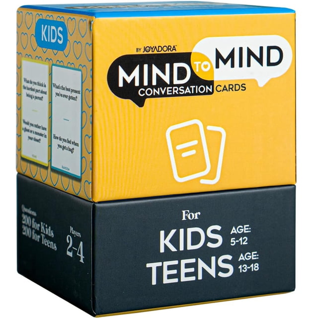 400 tarjetas de conversación para niños y adolescentes: caja vertical amarilla y negra con logo 'Mind to Mind Conversation Cards', texto frontal 'For KIDS TEENS' indicando edades 5-12 y 13-18, ilustración de dos cartas, lateral con patrón de corazones y muestras de tarjetas visibles; adecuada para familias, aulas y viajes.