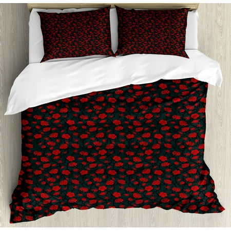 Victorian Duvet Covers Red and Black Duvet Cover Set, Romantic Vintage Roses Illustration Old Fashioned Victorian Art, Decorative Bedding Set with Pillow Shams, Charcoal Grey Black Red, by Ambesonne ()