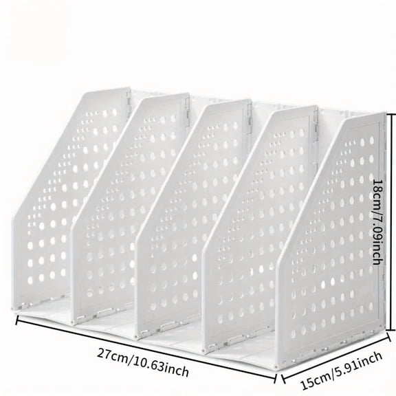 Heavy Duty Foldable Magazine File Organizer, 4 Vertical Compartments Plastic Document Rack, Space Saving for Office Home Library