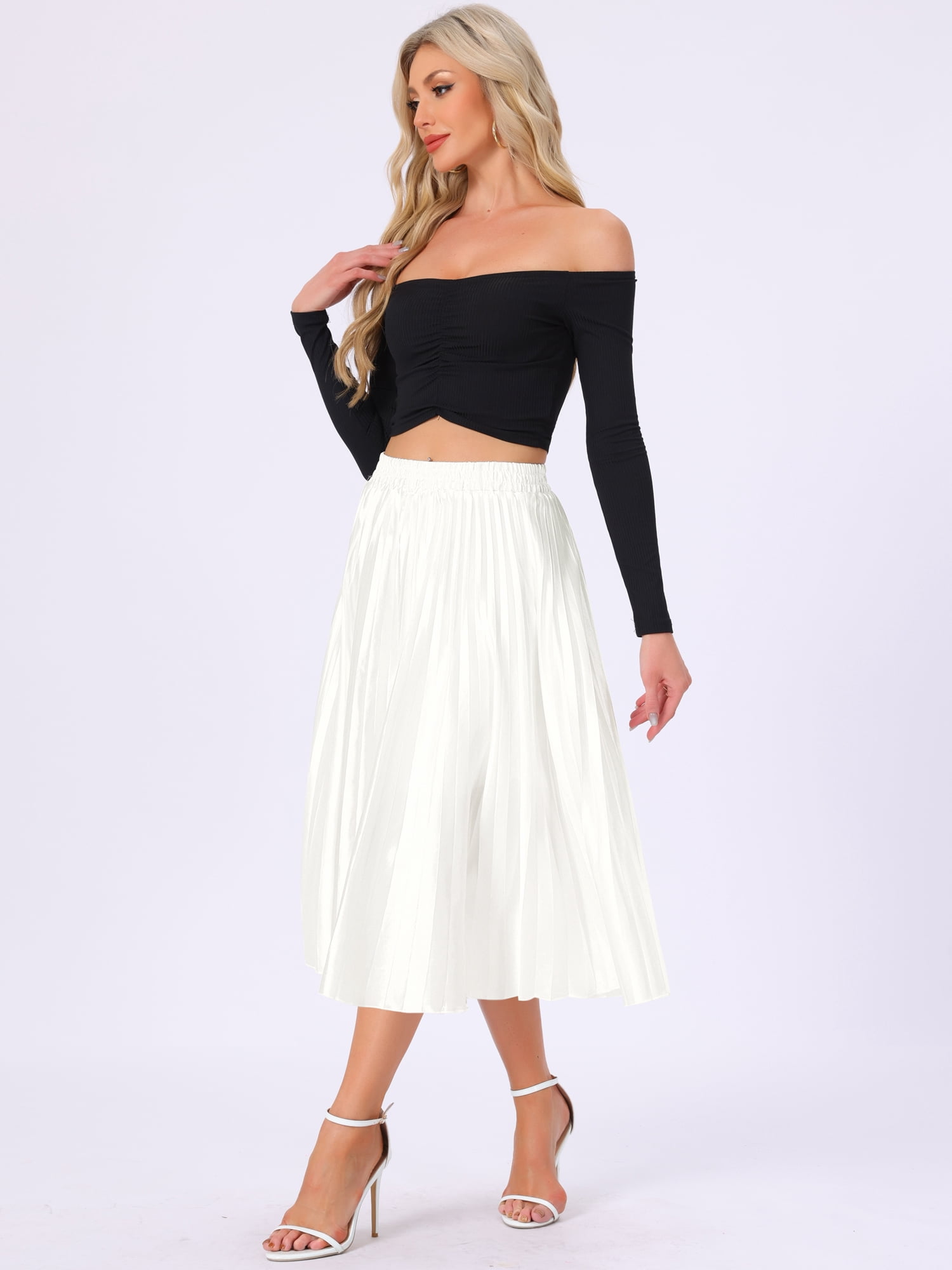 DARING DIVA Women's Midi Length Elastic High Waisted Pleated Skirt M White