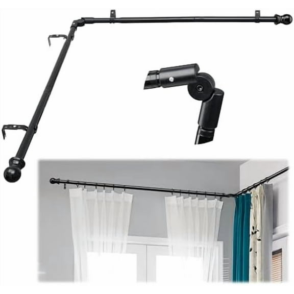 Corner Curtain Rod for Windows 30 to 136 Inches, L-shaped Curved Heavy Duty Corner Window Curtain Rods, Adjustable Renter Friendly 1 Inch Black Drapery Rods for Bedroom Living Room