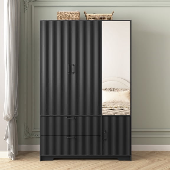 Youmumeub Modern 4-Door Wardrobe Armoire with Mirror & LED Light, 71" Black Storage Closet with 2 Drawers, Hanging Rod & Shelves for Bedroom
