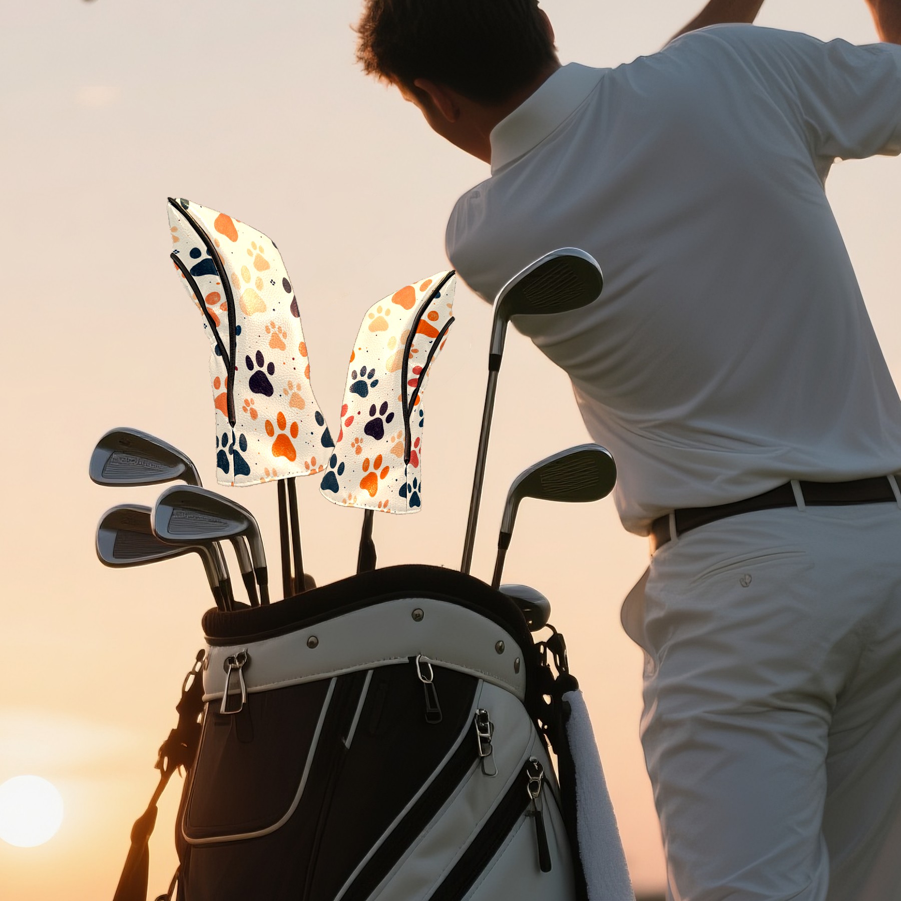 Golf Club Covers PU Leather Waterproof Head Covers for Fairway Woods Hybrids Colorful Animal Paw Prints