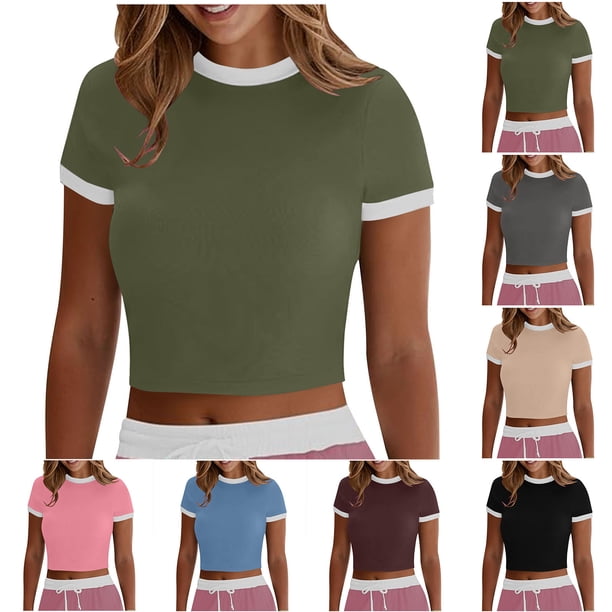 Tops casuales para mujer,Blusa de poliéster para mujer, color liso, cuello redondo, manga corta, corte ajustado, informal, ligera, suave y cómoda, para uso diario en casa, sopatenor