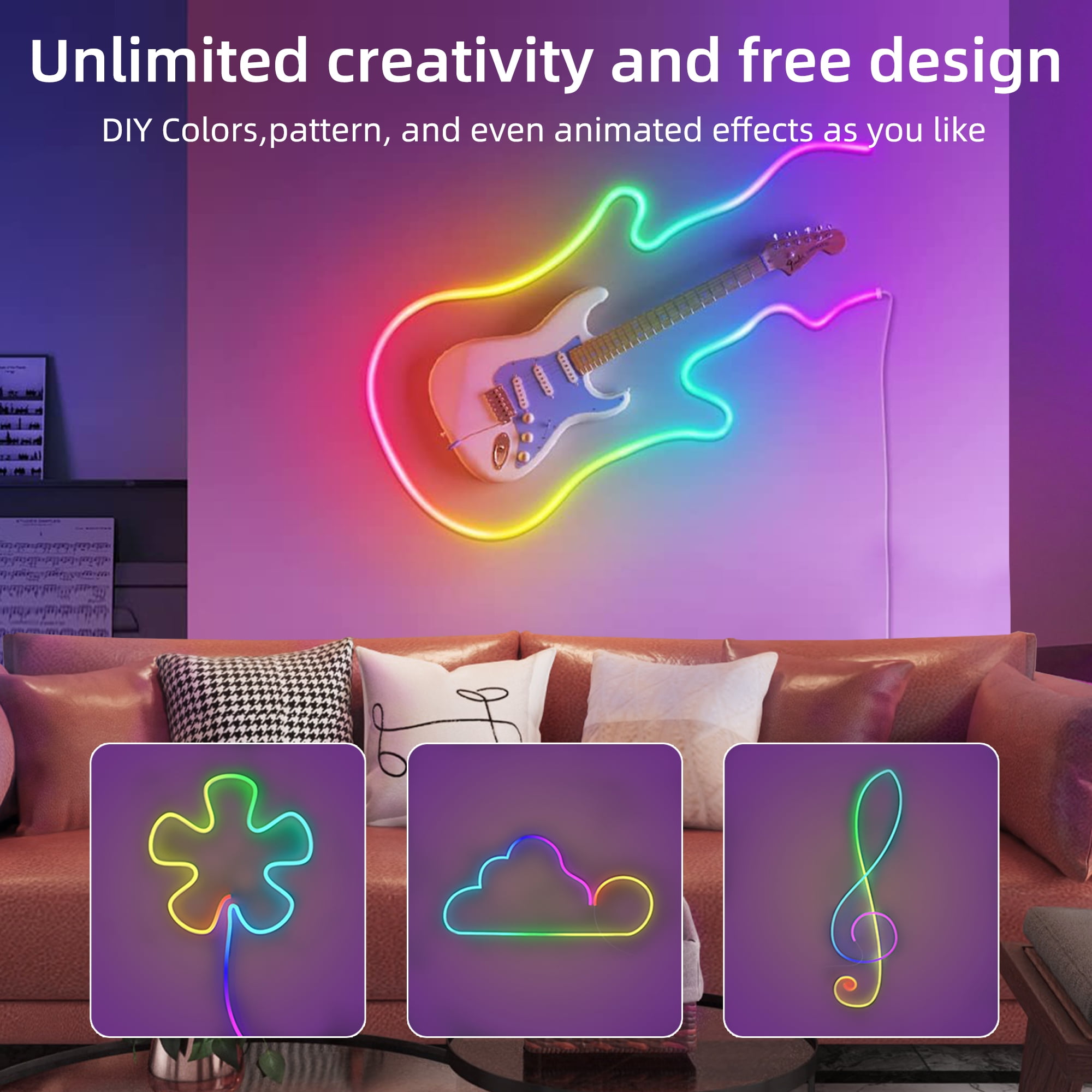 DAYBETTER 16.4ft LED Neon Rope Lights Music Sync,20Key Remote/APP Control,DIY Design,IP67 Waterproof LED Strip Lights for Bedroom Living Gaming Room Outdoor Decor