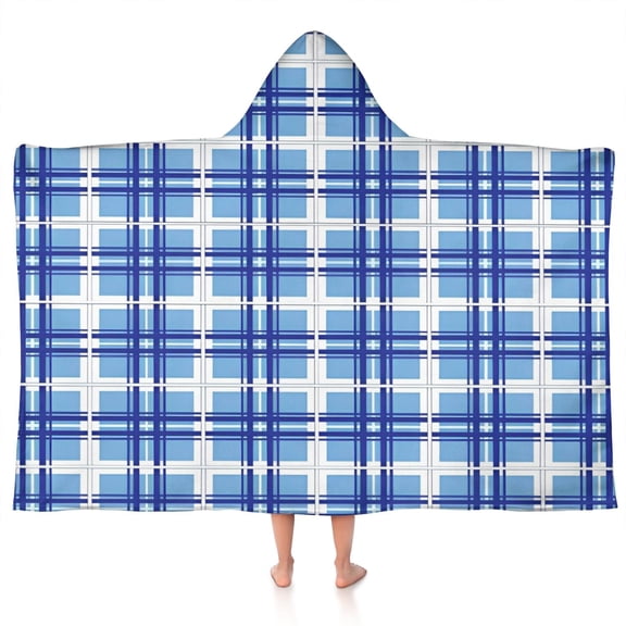 Blue and White Grid Pattern Hooded Bath Towel,50"x30" for Ages 3 To 12 Kids, Quick Dry Lightweight Soft Microfiber Hood Beach Towel Cover Up for Kids