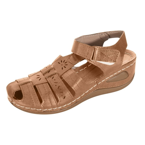 Women's Wedges Sandals Hollow Out Breathable Slippers Closed Toe Sandles Vintage Orthopedic Slip On Flat Mules Non Slip Comfy Footwear Beige 6