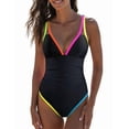 thumbnail image 2 of Women'S One Piece 2025 Tummy Control Swimsuits Neon Color Block Swimwear Deep V Neck Slimming Bathing Suit Black XL, 2 of 8