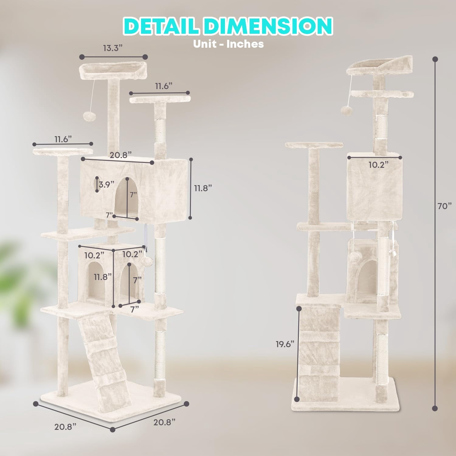 Large Multi-Level Cat Tree, 70 Inches Tall with Sisal-Covered Scratching Posts, Condo, Dangling Ball, and Extended Platform for Cats to Play and Sleep, Ashy