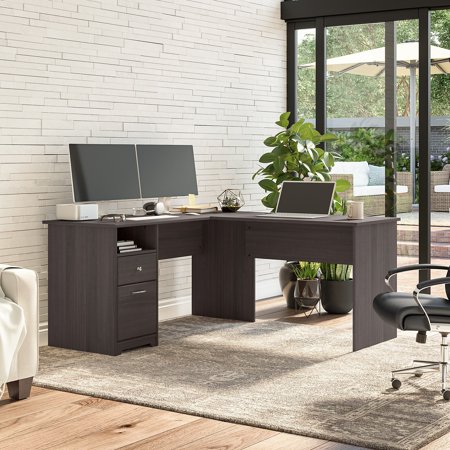 UPC: 0042976158415 | Bush Furniture Cabot 60W L-Desk with Hutch and Drawers by Heather Gray Chrome Finish