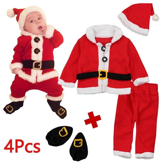 Conjunto de 4 unidades de ropa navideña de Papá Noel para recién nacidos, conjuntos de ropa para bebés, Tops de lana de invierno, pantalones, sombreros y calcetines, ropa para niños