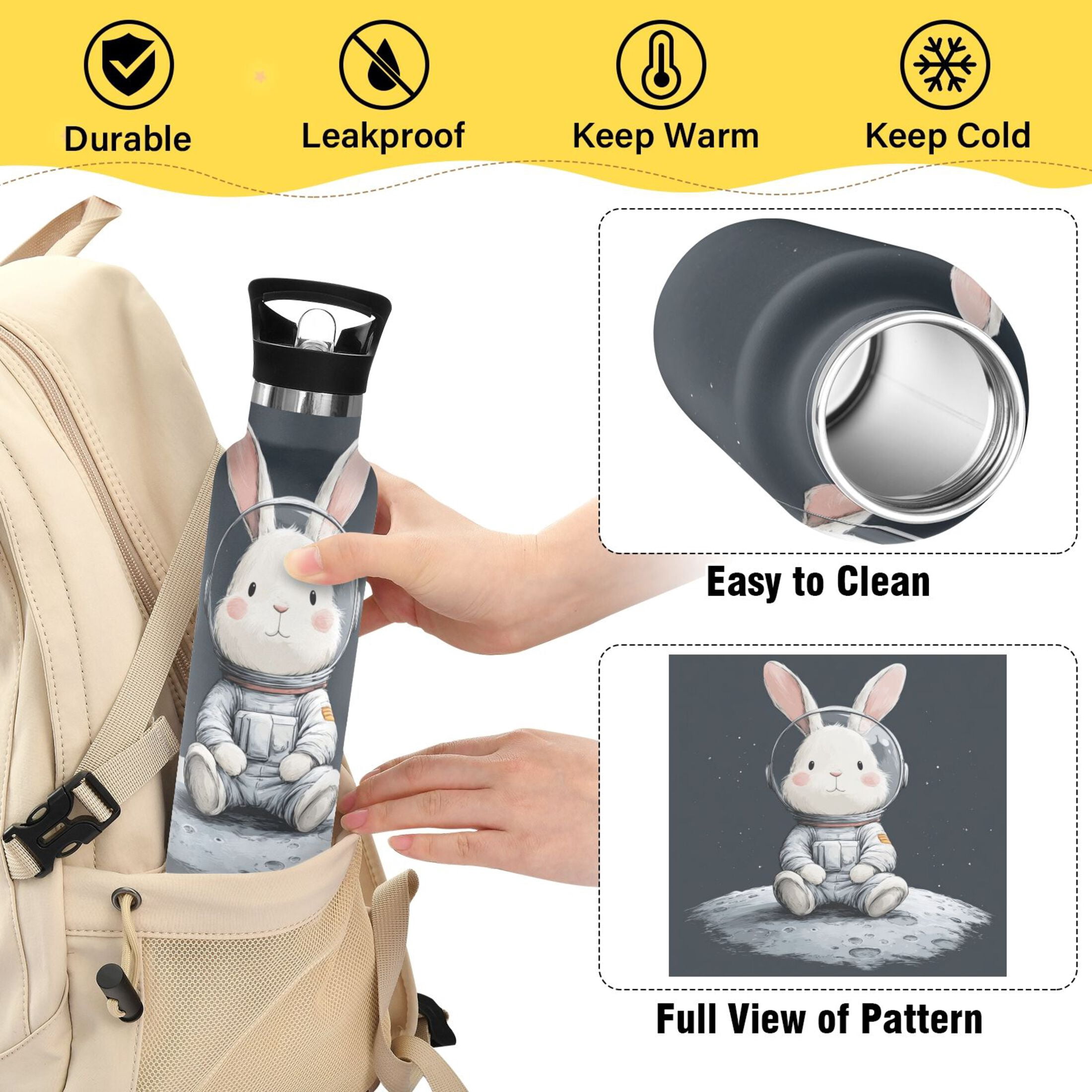 Kids Insulated Stainless Steel Sports Water Bottle 600ml (20oz) Rabbit in A Space