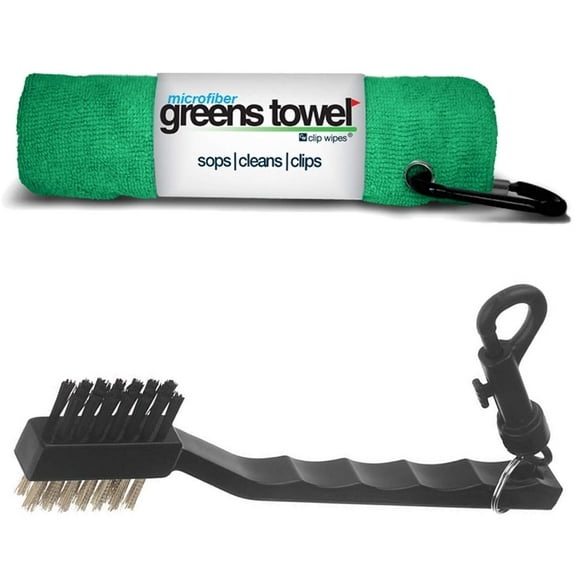Greens Duo de Serviettes Pack Trèfle / Serviette de Golf en Microfibre & Brosse de Golf Combo (Vert Trèfle)