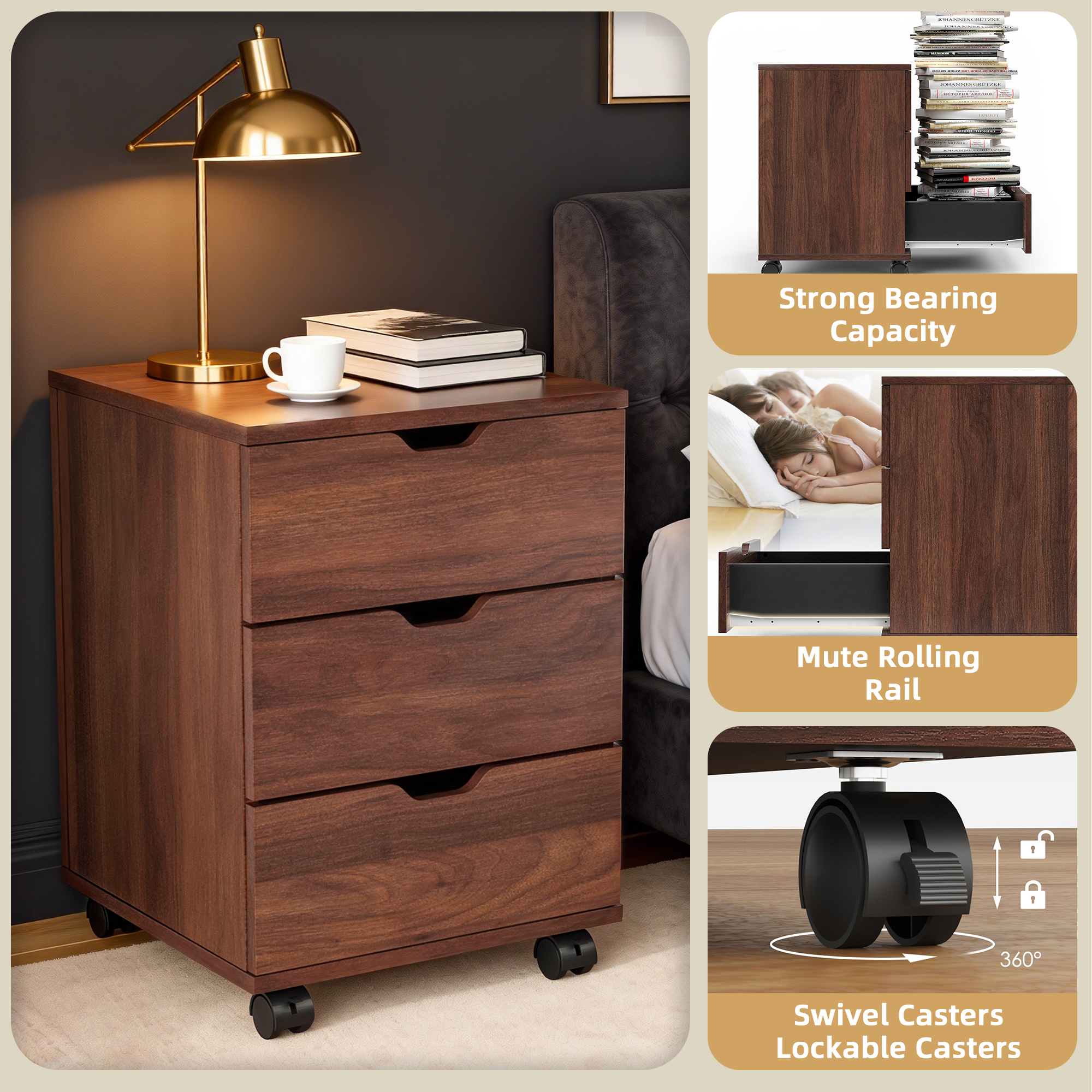MAYEERTY 16*22"Brown 3-Drawer Vertical Wood File Cabinet with Casters for Home Office, Fully Assembled