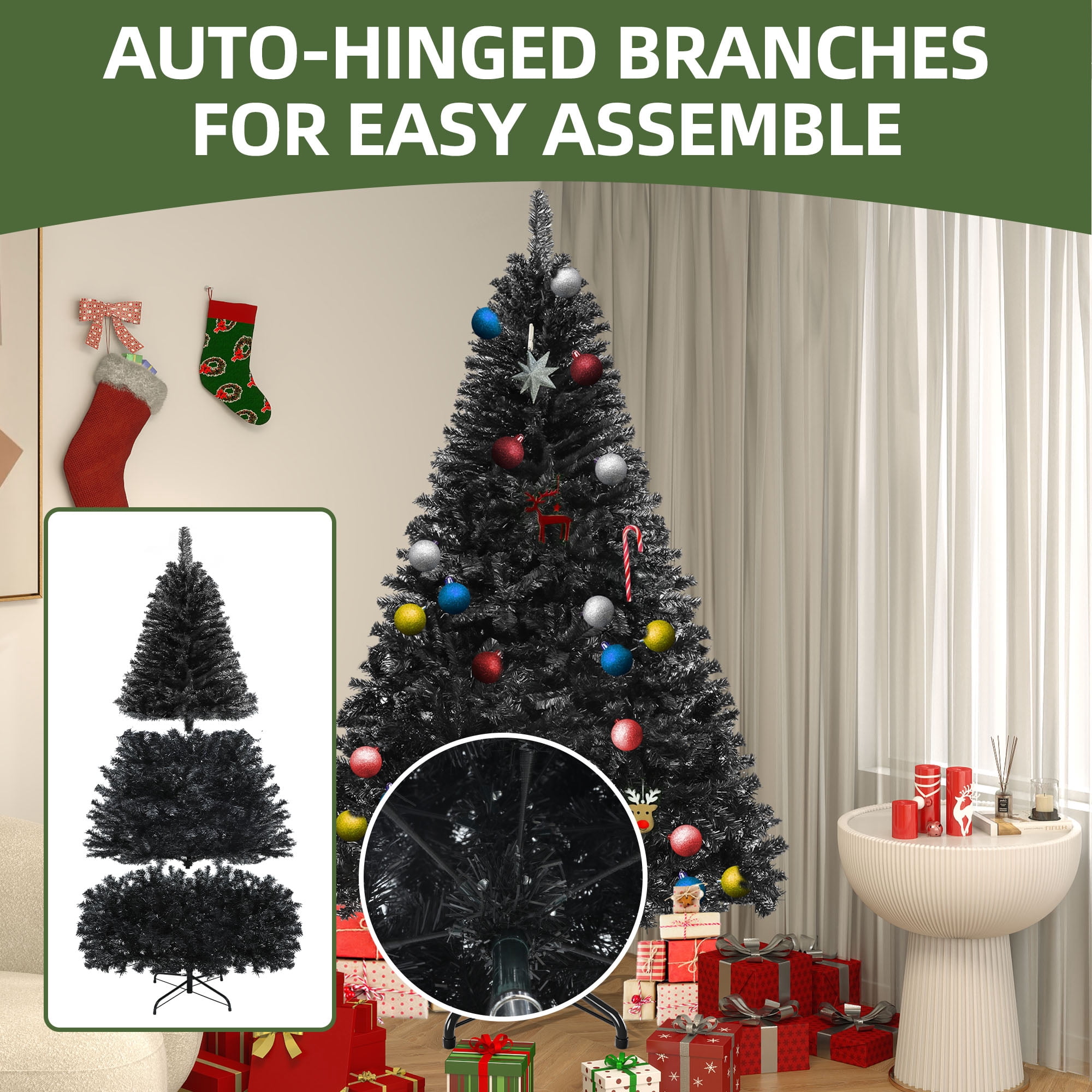 Uforic 6ft Halloween Artificial Christmas Tree with 818 Branch Tips & Foldable Base, Black