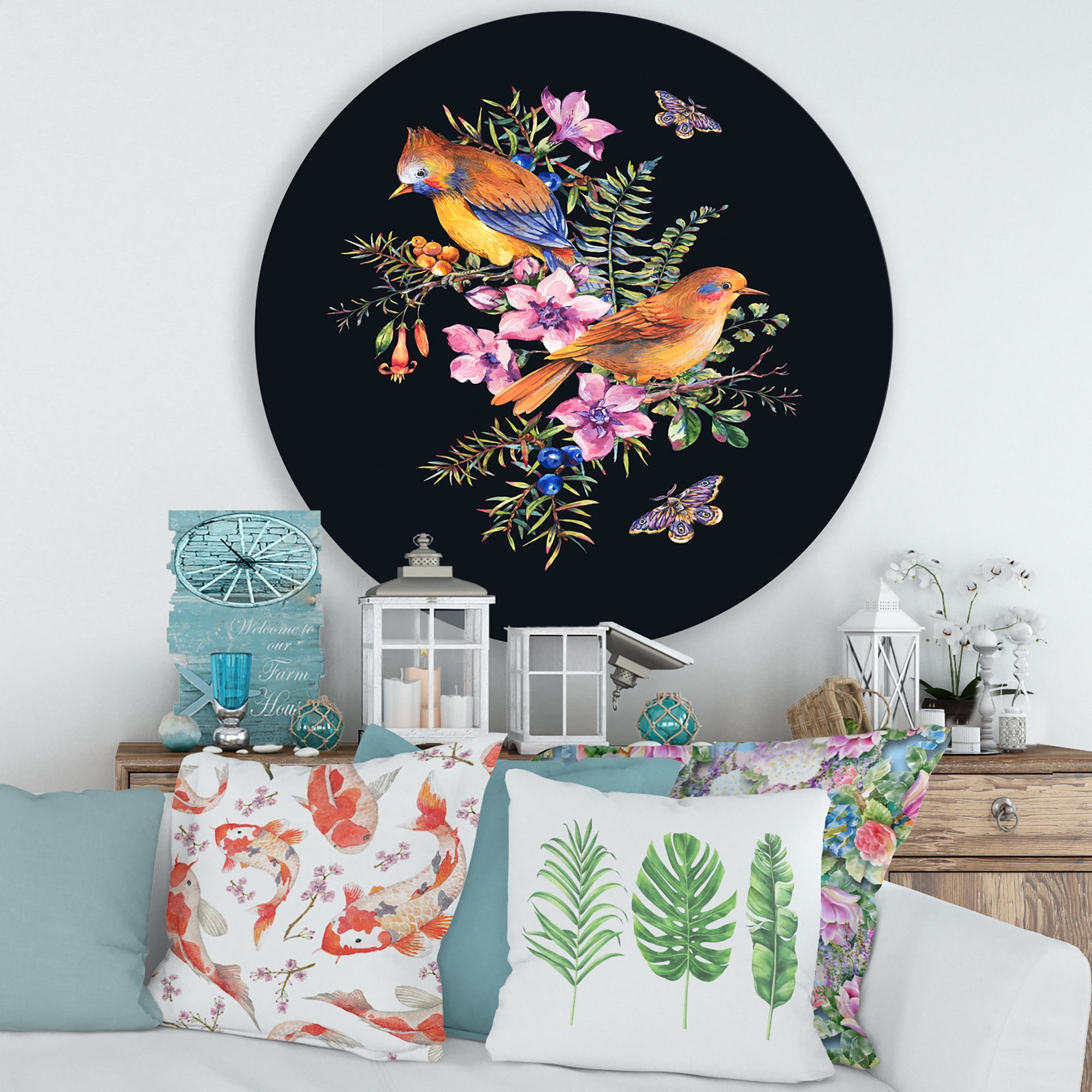 Designart 'Little Bird Sitting On Colourful Bouquet Of Wildflowers II' Traditional Circle Metal Wall Art 29x29 - Disc of 29