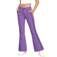 thumbnail image 2 of YaEYa Girls School Uniform Pant Striped Trim Slim Fit Bell Bottom Trousers Fitted Flare Leg Pants High Waist With Side Pocket Button Fly Trouser Preppy Outfit (Purple,11-12 Years), 2 of 7