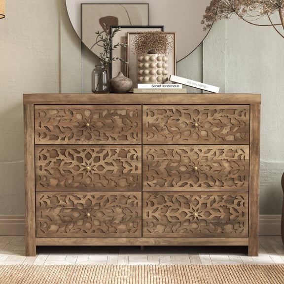STYLIVIA 6-Drawer Dresser for Adults with Laser-Cut Drawer Fronts, Knotty Oak, 45.4" W x 15.7" D x 32" H - Perfect for Bedrooms and Storage