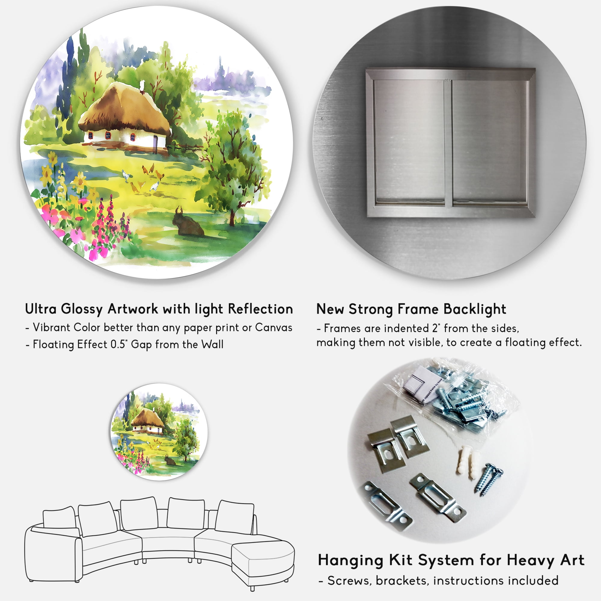 Designart 'Blossoming Greenlands And A Rural House' Traditional Circle Metal Wall Art 29x29 - Disc of 29