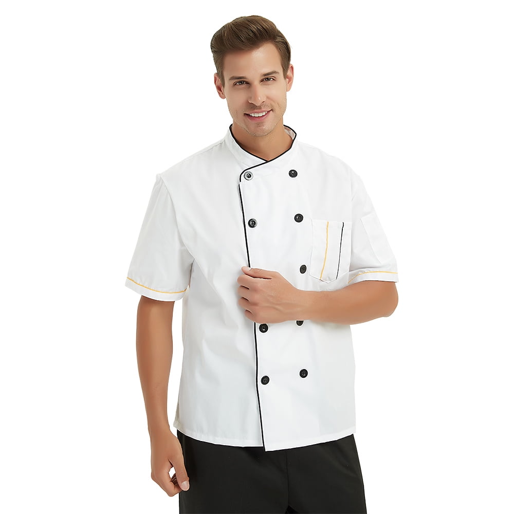 Large, Black Black, red, White Short Sleeve Chefs Jacket Kitchen Cook Coat Stripe Uniforms 3Colors Short Sleeve 