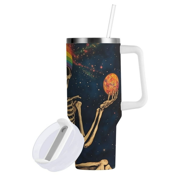 Yayeee 40oz Stainless Steel Tumbler with Straw and Handle Double-Wall Insulated Travel Water Bottle, Skeleton with Rainbow