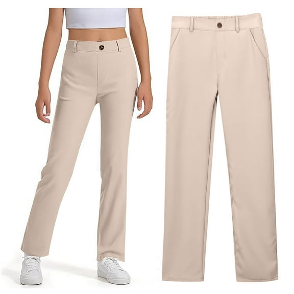 Big Kid Girls' School Uniform Skinny Leg Jegging, Flat Front Style with Zipper Closure, Functional Pockets Beige 11-12 Years