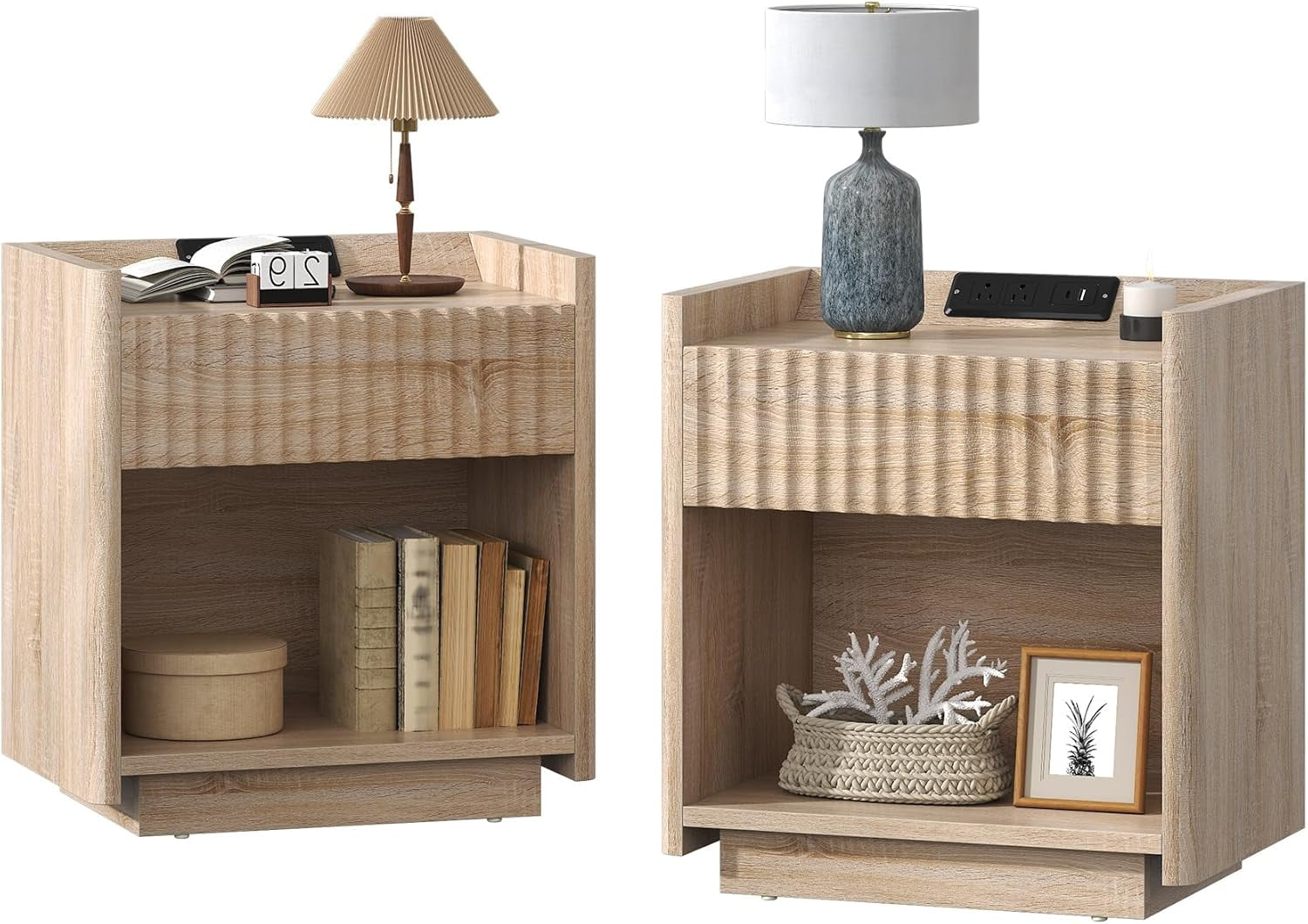 Winkalon Fluted Nightstands for Bedroom Set of 2, Farmhouse Bedside Tables with Drawer & Open Shelf, Wood End Table for Living Room,Oak
