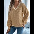 thumbnail image 4 of Suéter Informal de Larga con Cuello en V para Mujer, Jersey de Rayas Moderno de Punto , Suéteres Preppy. Caqui L, 4 of 10