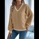 thumbnail image 4 of Suéter Informal de Larga con Cuello en V para Mujer, Jersey de Rayas Moderno de Punto , Suéteres Preppy. Caqui L, 4 of 10