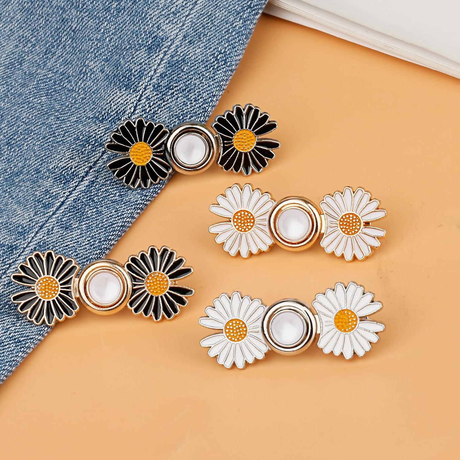 Pant Waist Tightener, Detachable Jean Buttons for Loose Jeans, No Sew and No Tools Button Pins for Jeans, Adjustable Jean Buttons Pins, Daisy Flower Instant Pants Button Tightener 4 Sets